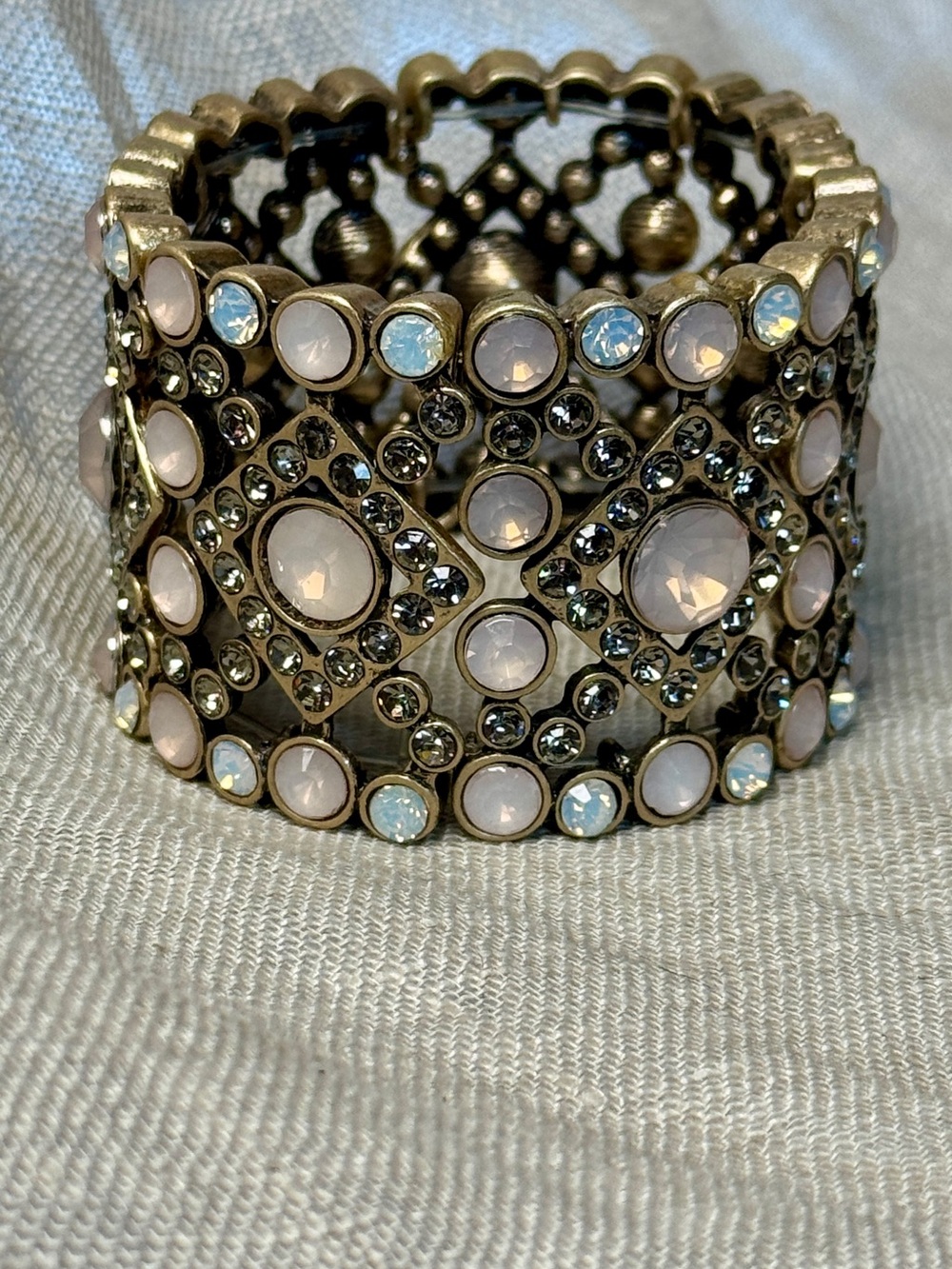 Antiqued-Gold Pink & Opalescent Rhinestone Statement Stretch Bracelet 6.75